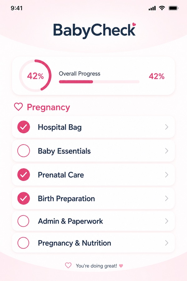 BabyCheck pregnancy checklist overview with progress
